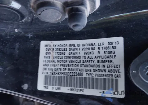 2013 Honda Civic Ex из США, поврежденный, VIN 19XFB2F8XDE223480